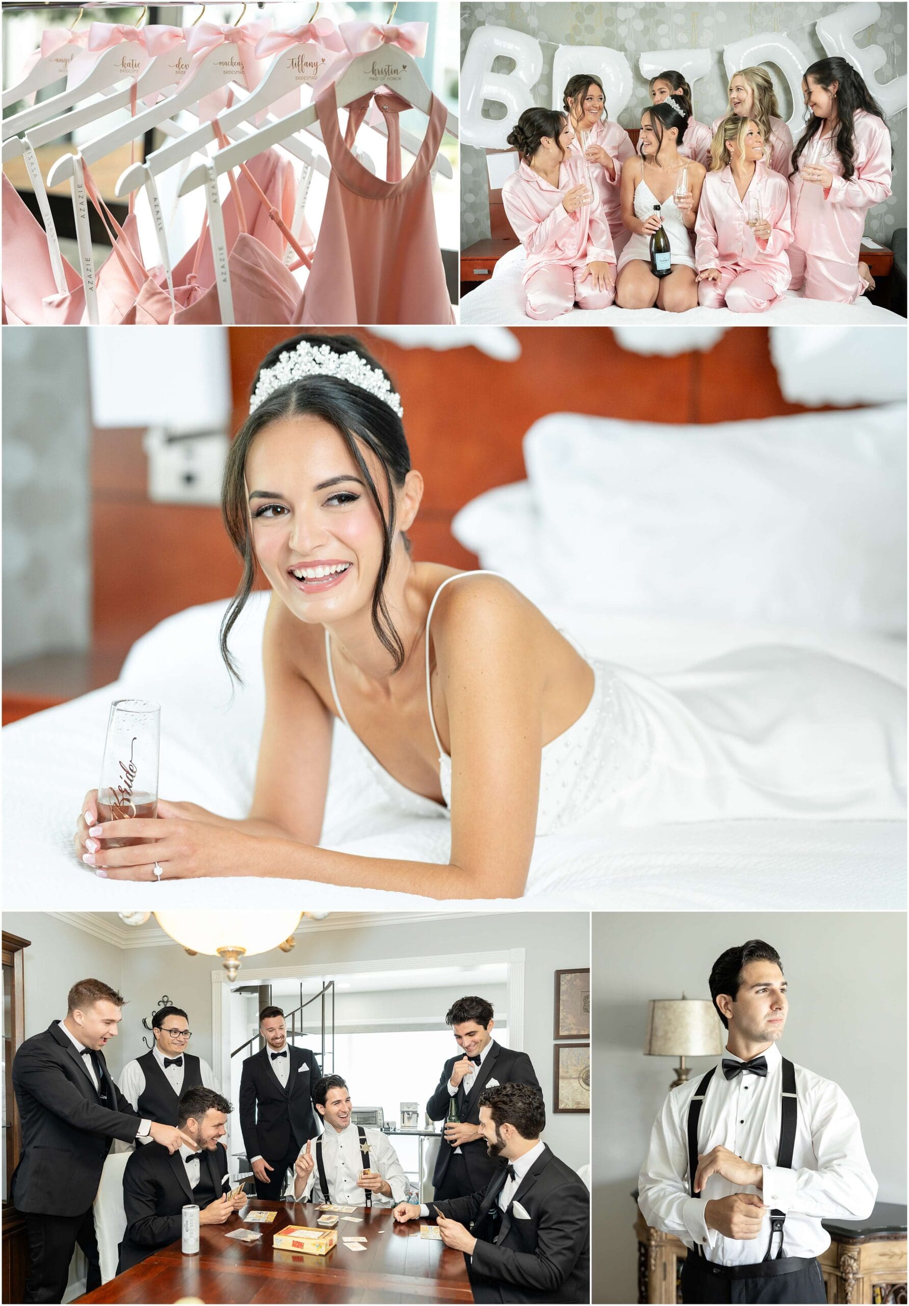 A bride lays on a bed in pajamas with champagne with her bridesmaids in pajamas above the groom hanging out playing games with groomsmen in tuxedos