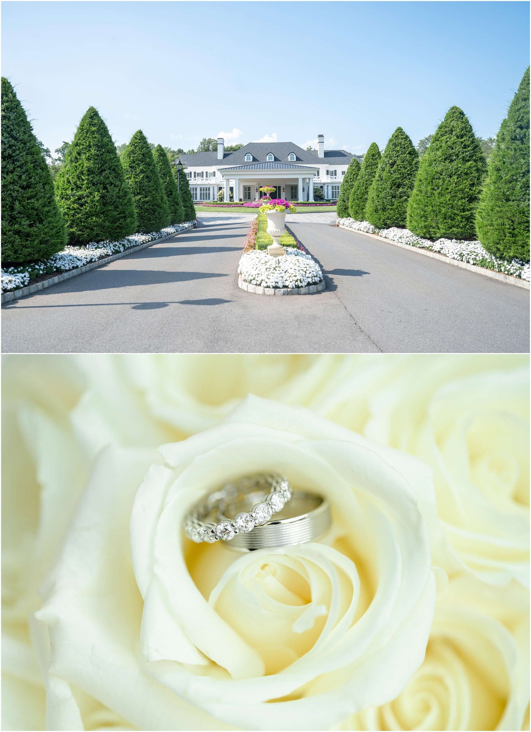 Details of the front entrance and facade of the Shadowbrook at Shrewsbury wedding venue above ring details on a white rose