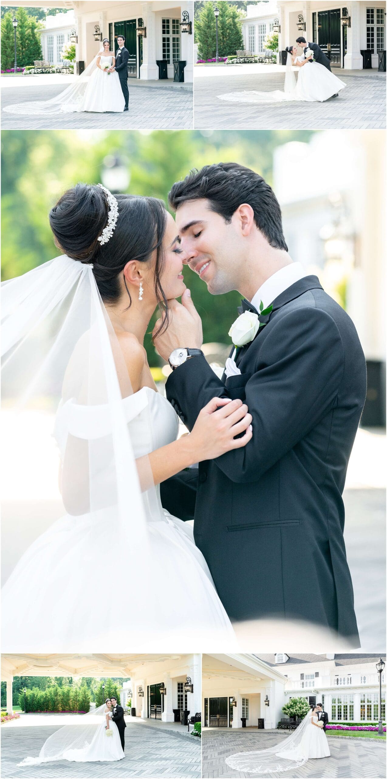 Newlyweds kiss, dip and smile under the grand portico