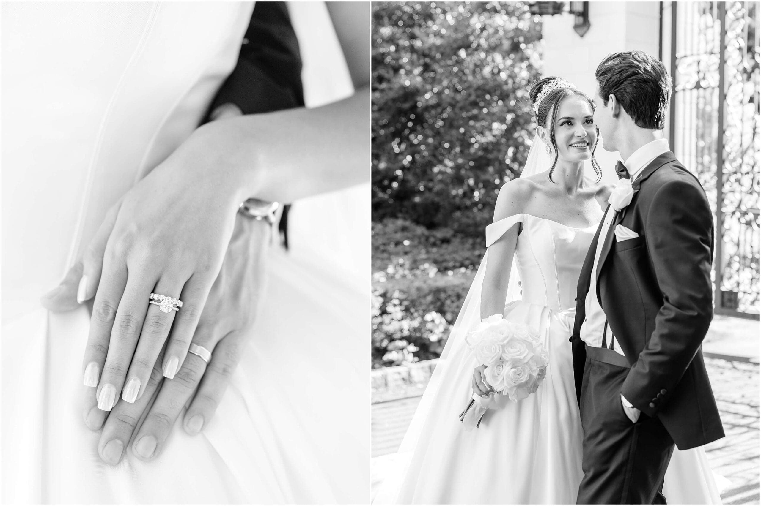 Details of a bride's rings on her hand resting on groom's next to them smiling at each other while standing in the garden with white bouquet in black and white