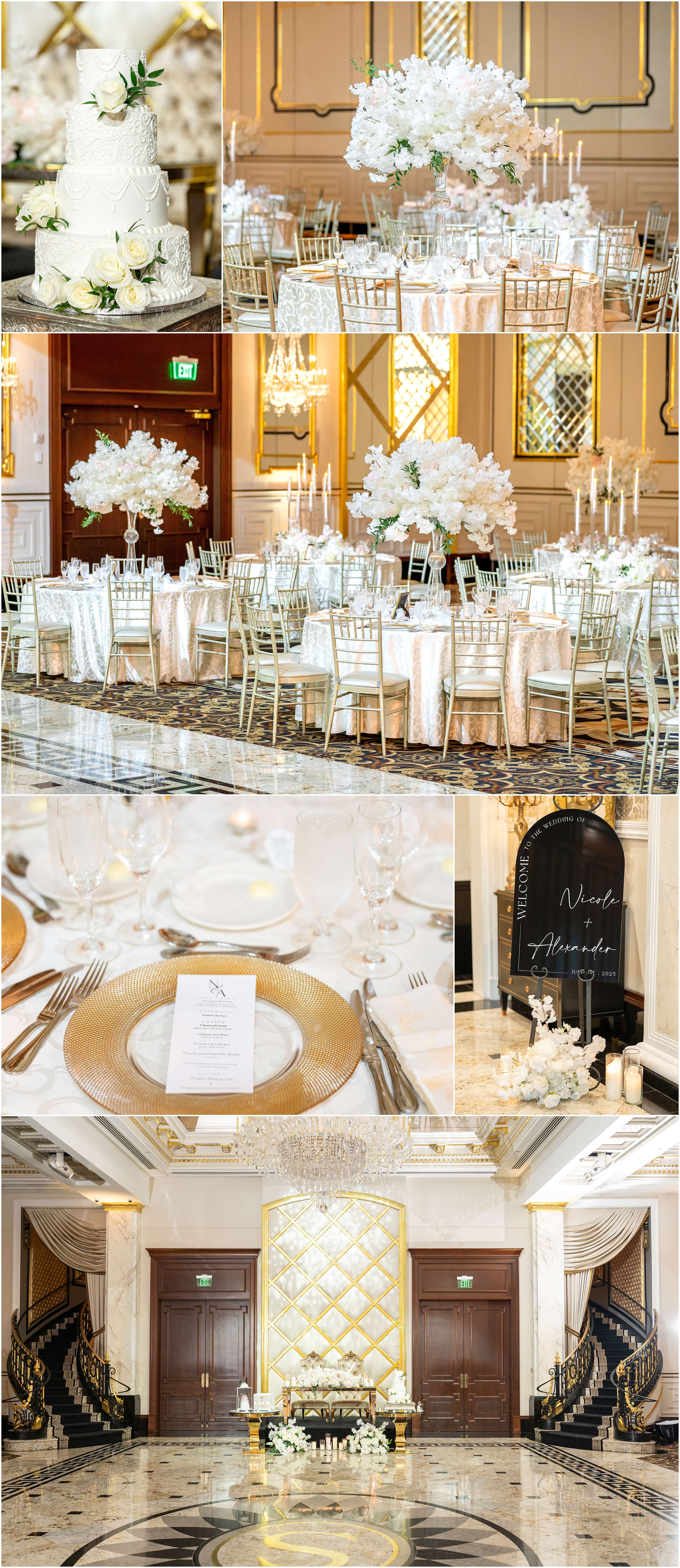 Details around the reception venue with grand staircases, large white centerpieces and gold everywhere