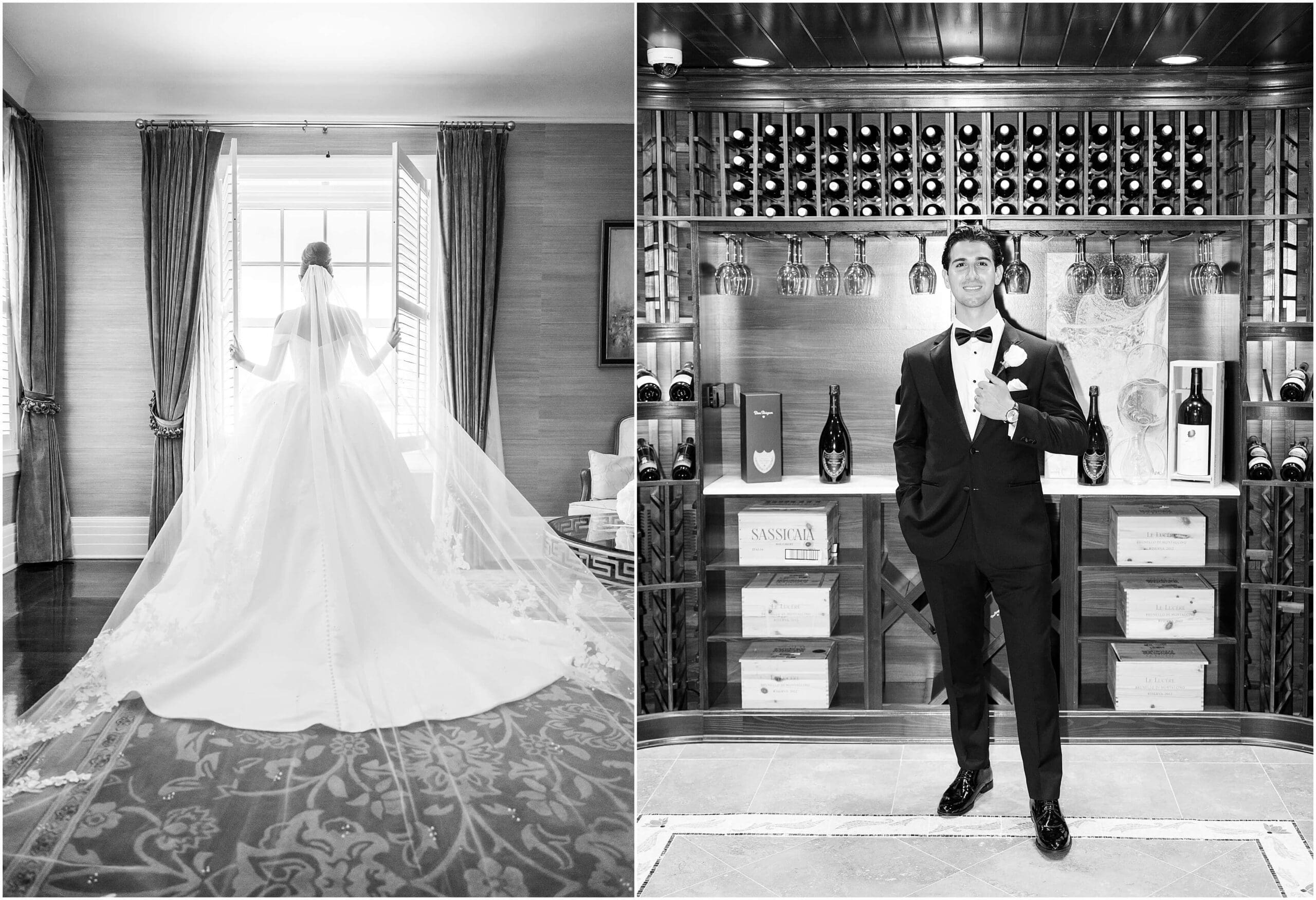 A bride stands in a window in her gown with the long veil spread behind her next to the groom in his black tuxedo standing in a wine room at their Shadowbrook at Shrewsbury wedding