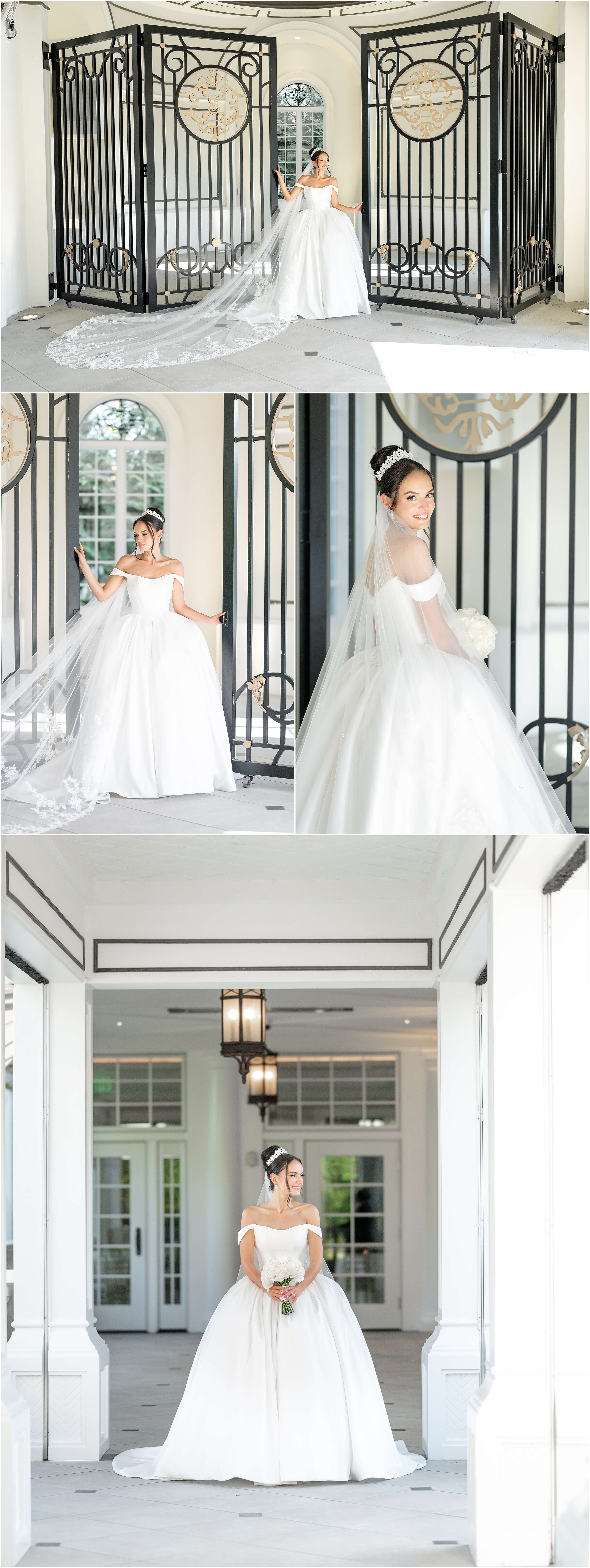 A bride smiles and stands around large iron gates under a portico of the Shadowbrook at Shrewsbury wedding venue