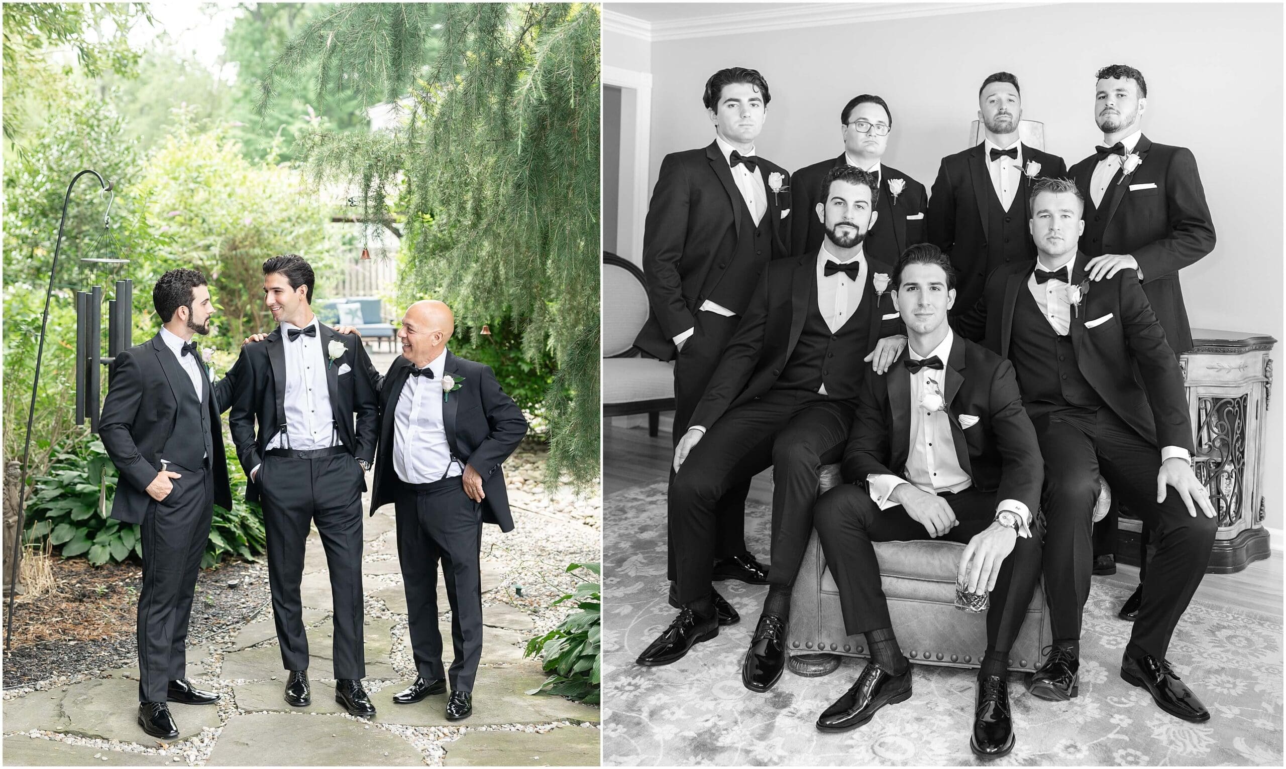 A groom smiles and hangs out with his groomsmen in a garden next to him with them in a getting ready room not smiling