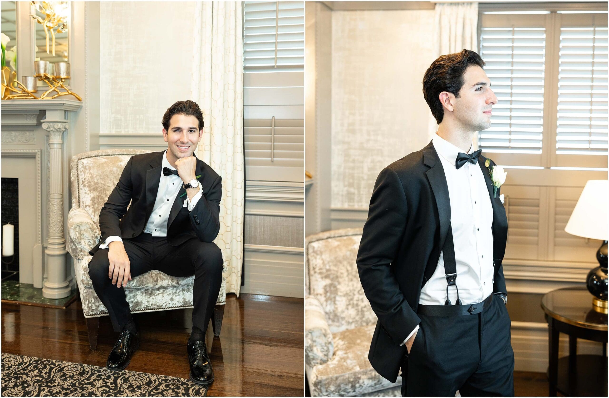 A groom sits smiling in an antique chair next to him gazing out a window before his Shadowbrook at Shrewsbury wedding
